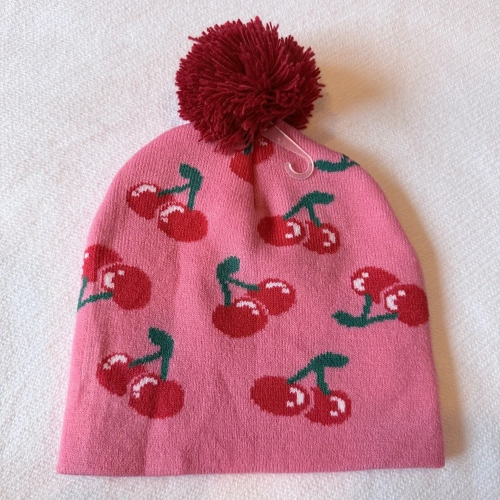 NWT Cedarwood Threads youth pink/ red cherry 🍒 beanie with Pom-pom ages 4+